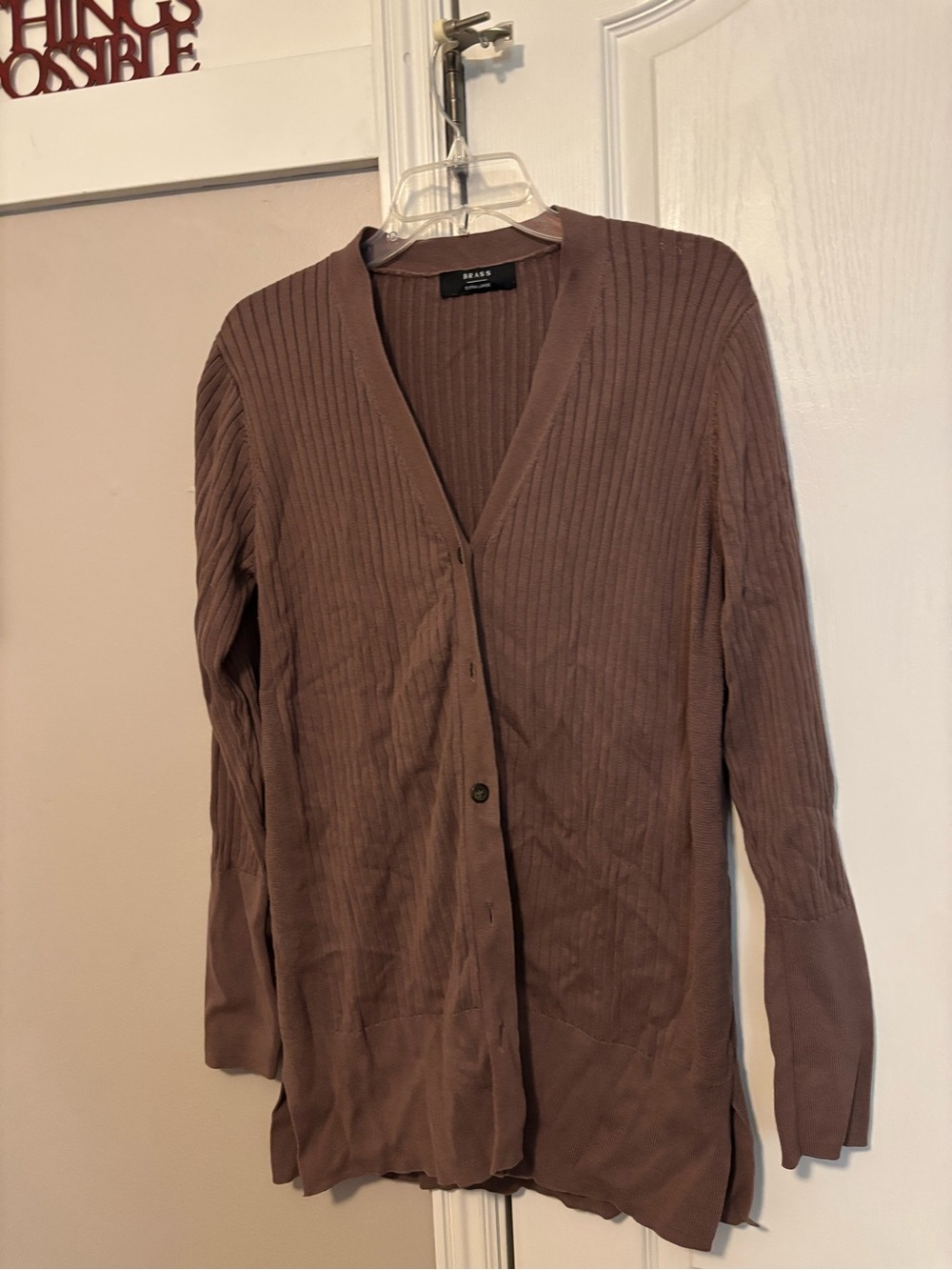 BrassRibbed V-Neck Long Cardigan in Taupe Brown